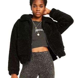 Urban Outfitters Womens Black Sherpa Teddy Full Zip Cropped Jacket Size Large